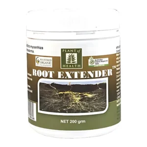 Bottle of Organic Root Extender for promoting strong plant root systems.