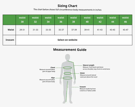 Insect Shield Men's Cargo Pants - Size Chart