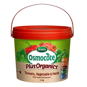 Front view of Osmocote Plus Organics Tomato, Vegetable and Herb Plant Food and Soil Improver pack