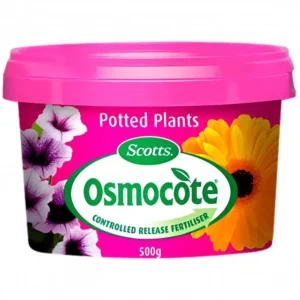 Front view of Osmocote Potted Plants Controlled Release Fertiliser 500g tub on white background