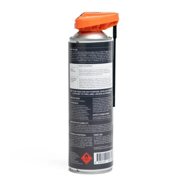 Back view of RoadBlock Spider and Ant Automotive Treatment 350g aerosol can with new orange and dark grey design, showing product instructions and safety information.