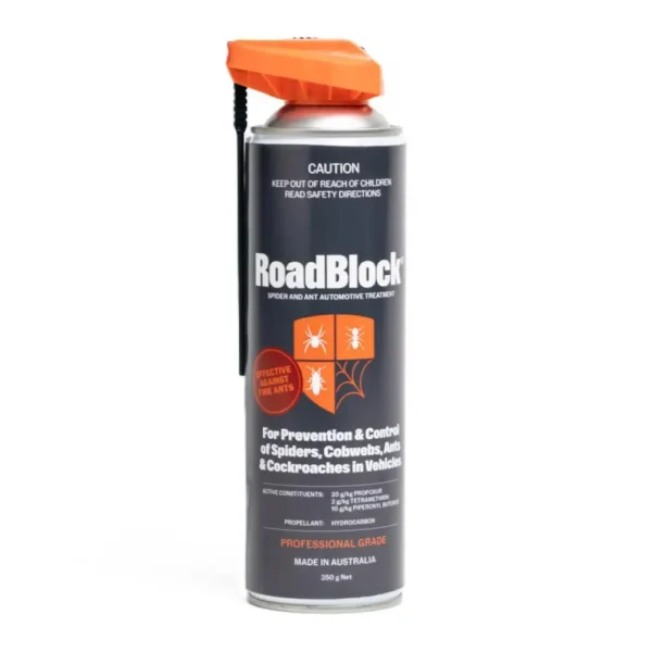 RoadBlock Spider and Ant Automotive Treatment 350g aerosol can in new orange and dark grey design with precision spray nozzle, designed to protect vehicles from spiders and ants.