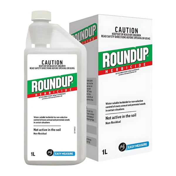 Roundup White Concentrate Herbicide bottle for total weed control of annual and perennial weeds.