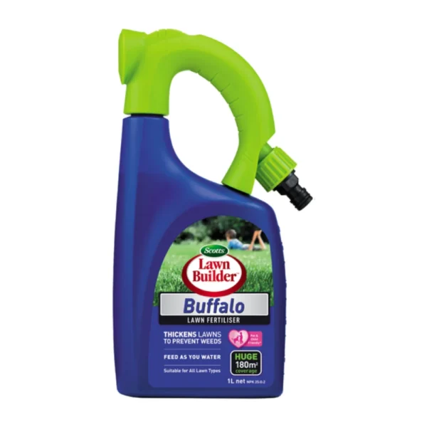 Scotts Lawn Builder Buffalo Hose On 1L, a liquid lawn fertiliser for lush, healthy Buffalo lawns.