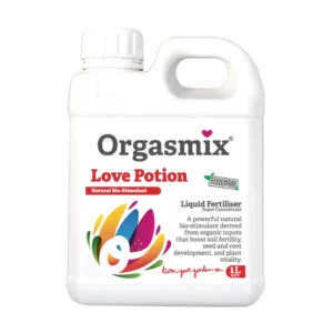 1 litre bottle of Orgasmix Love Potion Natural Bio-Stimulant plant fertilizer for gardens.