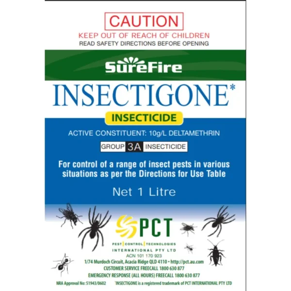 Insectigone Residual Insecticide infographic with key features and pest control guidance