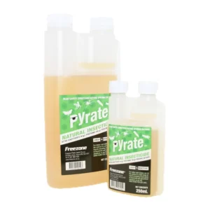 Bottles of Pyrate Natural Insecticide in 250mL and 1L - a plant-based pest control solution.