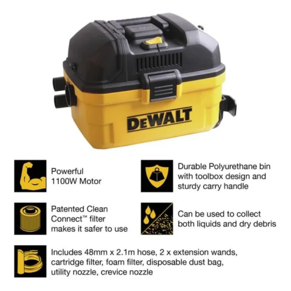 Dewalt 15L vacuum efficiently handles wet and dry messes with ease.