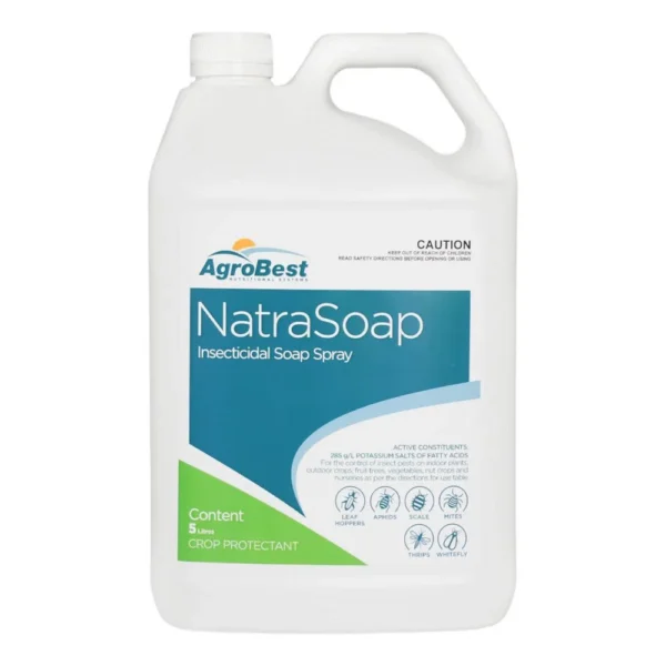 Close-up of NatraSoap Insecticidal Soap Spray 5L bottle with label details