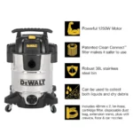 Heavy-duty DeWalt 38L Stainless Steel Wet & Dry Vacuum Cleaner for wet and dry debris.