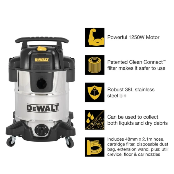 Heavy-duty DeWalt 38L Stainless Steel Wet & Dry Vacuum Cleaner for wet and dry debris.