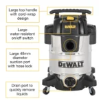 Industrial-grade DeWalt 38L Stainless Steel Wet & Dry Vacuum for efficient cleanup.