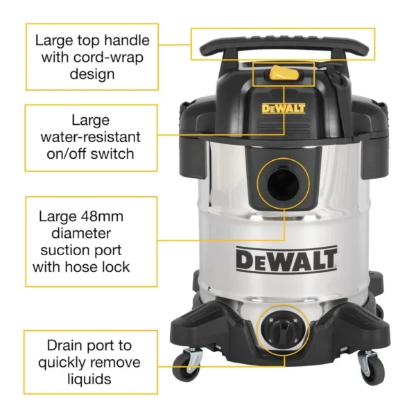 Industrial-grade DeWalt 38L Stainless Steel Wet & Dry Vacuum for efficient cleanup.
