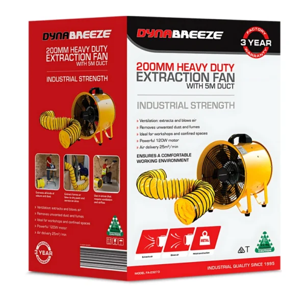 Dynabreeze 200mm Extraction Fan with a durable 5m duct, providing powerful ventilation for removing dust, fumes, and stale air in industrial and work environments.
