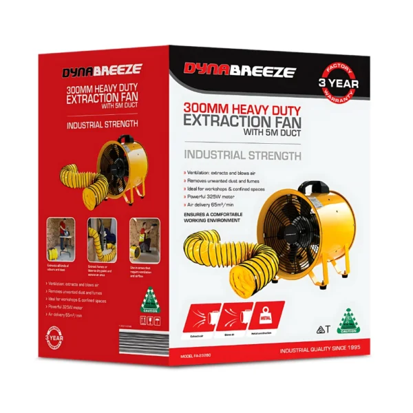 Dynabreeze 300mm Industrial Extraction Fan with a 5m duct for efficient air circulation, ideal for construction sites, workshops, and enclosed areas.