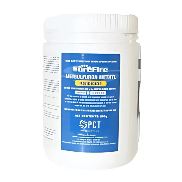 Surefire Metsulfuron Methyl 600 WG Herbicide packaging for effective weed control.