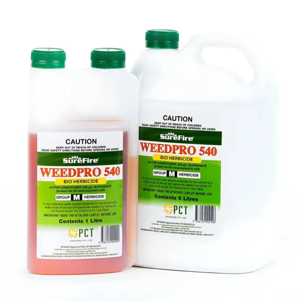 Bottle of Weedpro 540 Bio Herbicide used for effective weed control in agricultural and garden settings.