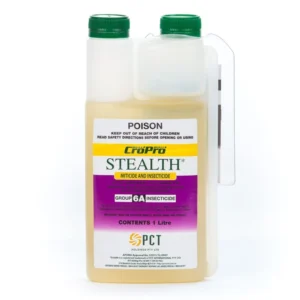 Stealth Miticide and Insecticide bottle used for controlling mites and insect pests in crops.