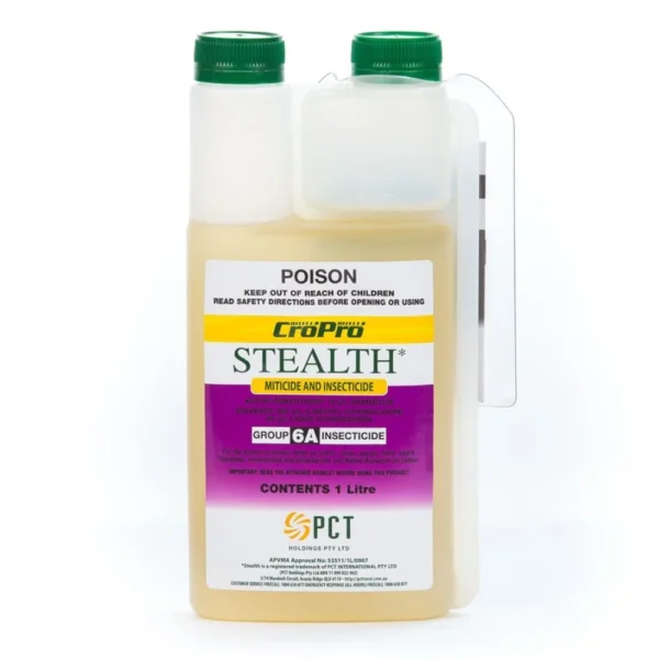 Stealth Miticide and Insecticide bottle used for controlling mites and insect pests in crops.
