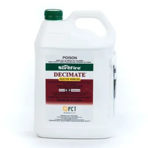 Bottle of Surefire Decimate Selective Herbicide displayed on a lawn with visible weeds.