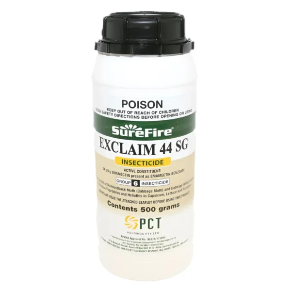 Surefire Exclaim Insecticide 500g container – effective Diamondback Moth killer for vegetable crops.