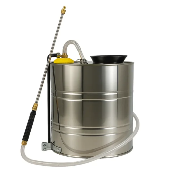 "Stainless Steel Knapsack Sprayer 16L with ergonomic straps, high-pressure wand, and durable corrosion-resistant tank for pest control and gardening.