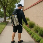 Man using a Stainless Steel Knapsack Sprayer 16L for effective pest control and gardening applications in a commercial setting.