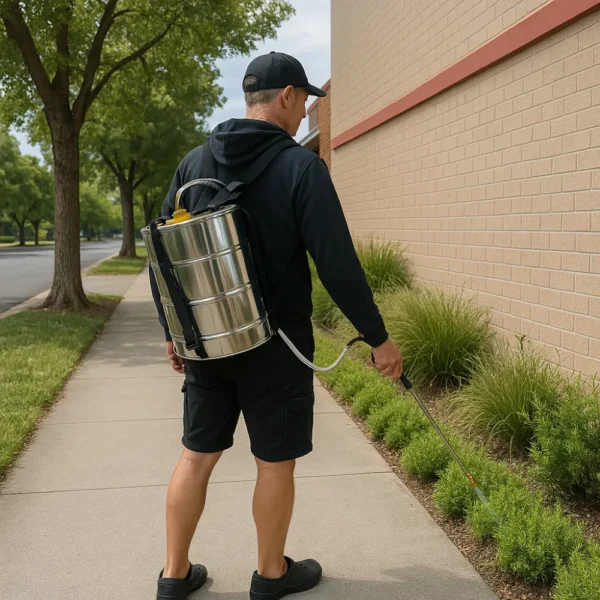 Man using a Stainless Steel Knapsack Sprayer 16L for effective pest control and gardening applications in a commercial setting.