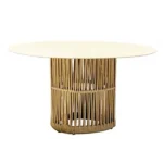 Round wooden dining table with a woven slatted base and smooth tabletop