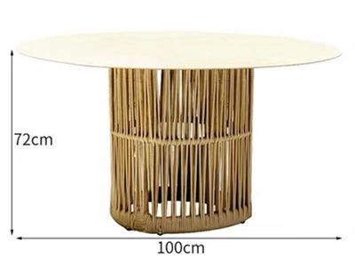 Round wooden dining table with a woven slatted base and smooth top, dimensions