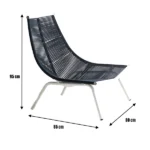 Woven outdoor lounge chair with dimensions, featuring a sleek black design and metal legs.