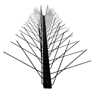 Perspective view of a full strip of Pestrol black extra wide stainless steel bird spikes against a white background.