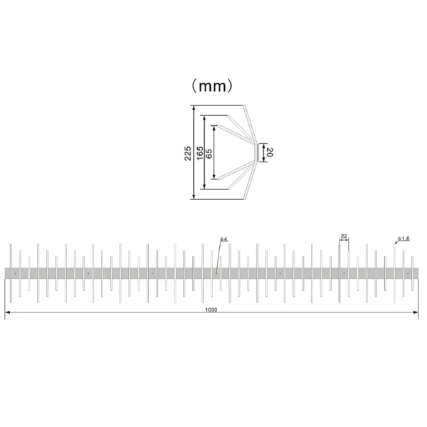 Technical diagram of Pestrol extra wide stainless steel bird spikes showing 1000mm strip length and 225mm maximum spread.