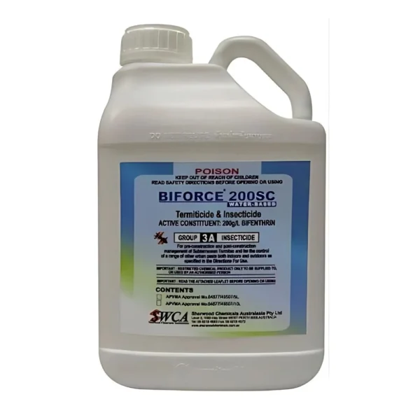 5L container of BiForce 200SC insecticide and termiticide placed on a construction site surface.