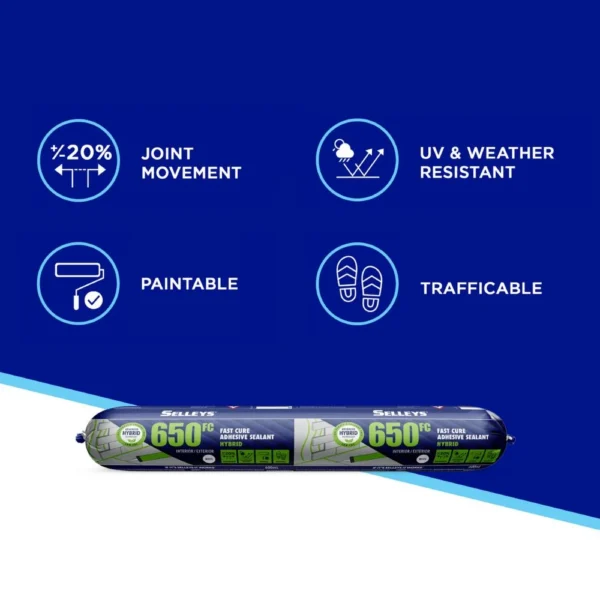 Selleys 650FC Adhesive Sealant White Sausage - 600mL with ±20% joint movement, excellent UV & weather resistance, and superior strength.