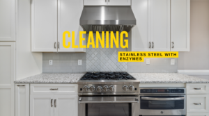 Enzyme-based cleaner being applied to a stainless steel surface for a streak-free, eco-friendly shine.