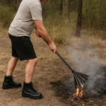 Person using Pestrol Fire Beater to extinguish embers during bushfire management in an outdoor setting.