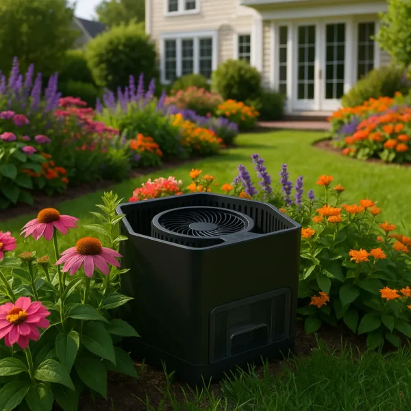 Inhalor mosquito trap in the garden, discreatly hidden in the garden and repelling mosquitoes