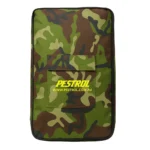 Pestrol Bushfire Equipment Backpack Kit featuring camouflage design and essential firefighting tools including axe, fire beater, machete, foldable spade, and rake.