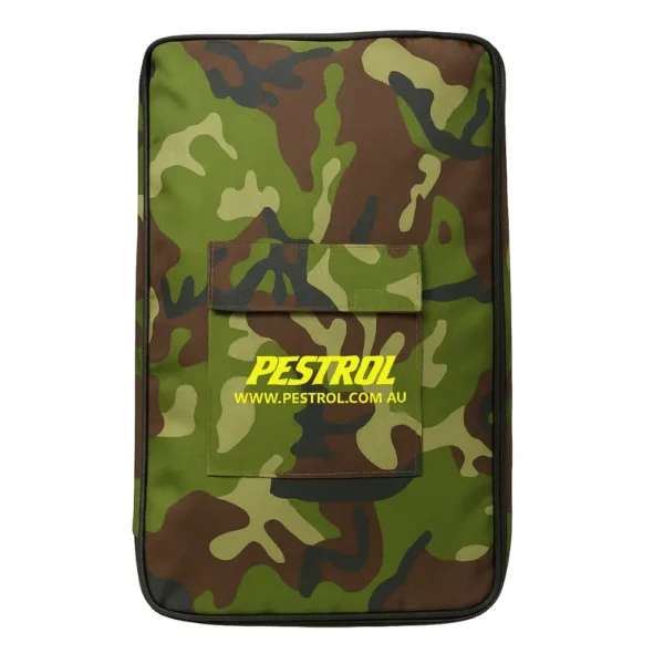 Pestrol Bushfire Equipment Backpack Kit featuring camouflage design and essential firefighting tools including axe, fire beater, machete, foldable spade, and rake.