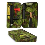 Pestrol Bushfire Equipment Backpack Kit open view showing essential firefighting tools including axe, fire beater, machete, foldable spade, and rake stored in a camouflage backpack.