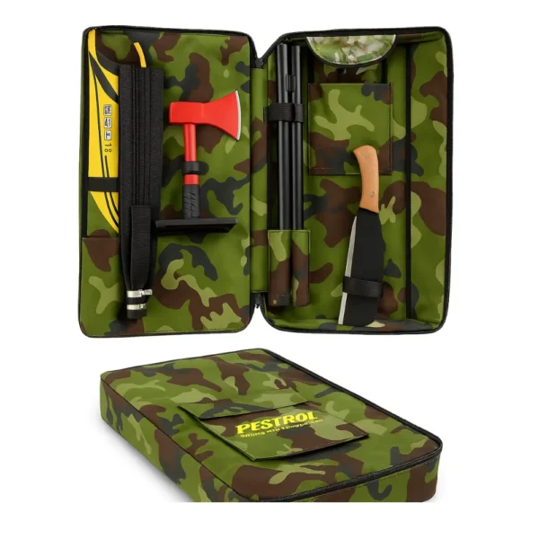 Pestrol Bushfire Equipment Backpack Kit open view showing essential firefighting tools including axe, fire beater, machete, foldable spade, and rake stored in a camouflage backpack.