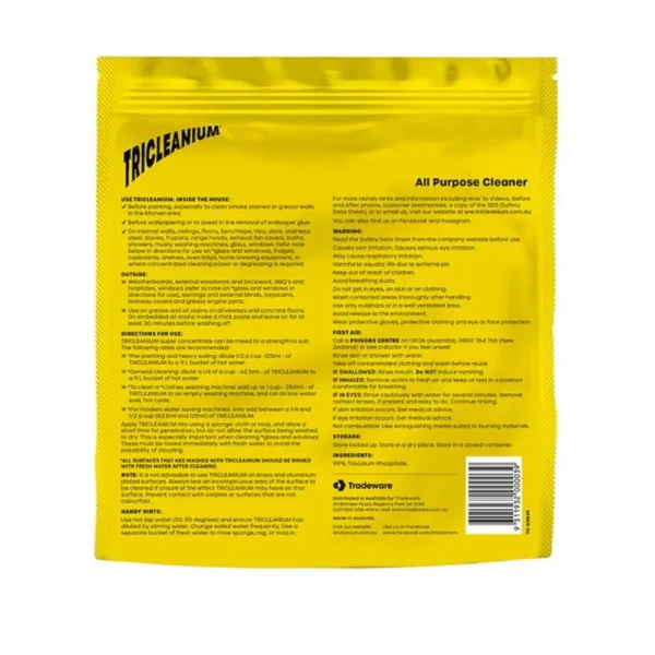 Back view of Tricleanium Ultra Concentrated Cleaner 1kg packaging - detailed instructions and specifications for all-purpose cleaning.