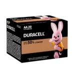 Duracell CopperTop AA Alkaline Batteries 20 pack with packaging showing battery type and brand.