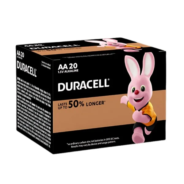 Duracell CopperTop AA Alkaline Batteries 20 pack with packaging showing battery type and brand.