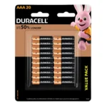 Duracell CopperTop AAA Alkaline Batteries 20 pack with packaging showing battery type and brand.