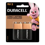 Duracell Coppertop 9V Alkaline Batteries 2 pack with packaging showing battery type and brand.