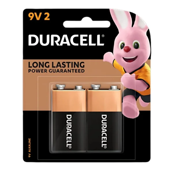 Duracell Coppertop 9V Alkaline Batteries 2 pack with packaging showing battery type and brand.