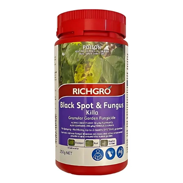 Richgro Black Spot & Fungus Killa 250g packaging with product label and instructions.