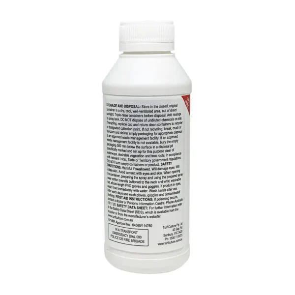 Back label of Bow & Arrow Herbicide 500mL bottle showing usage instructions and safety information for broadleaf weed control in lawns.